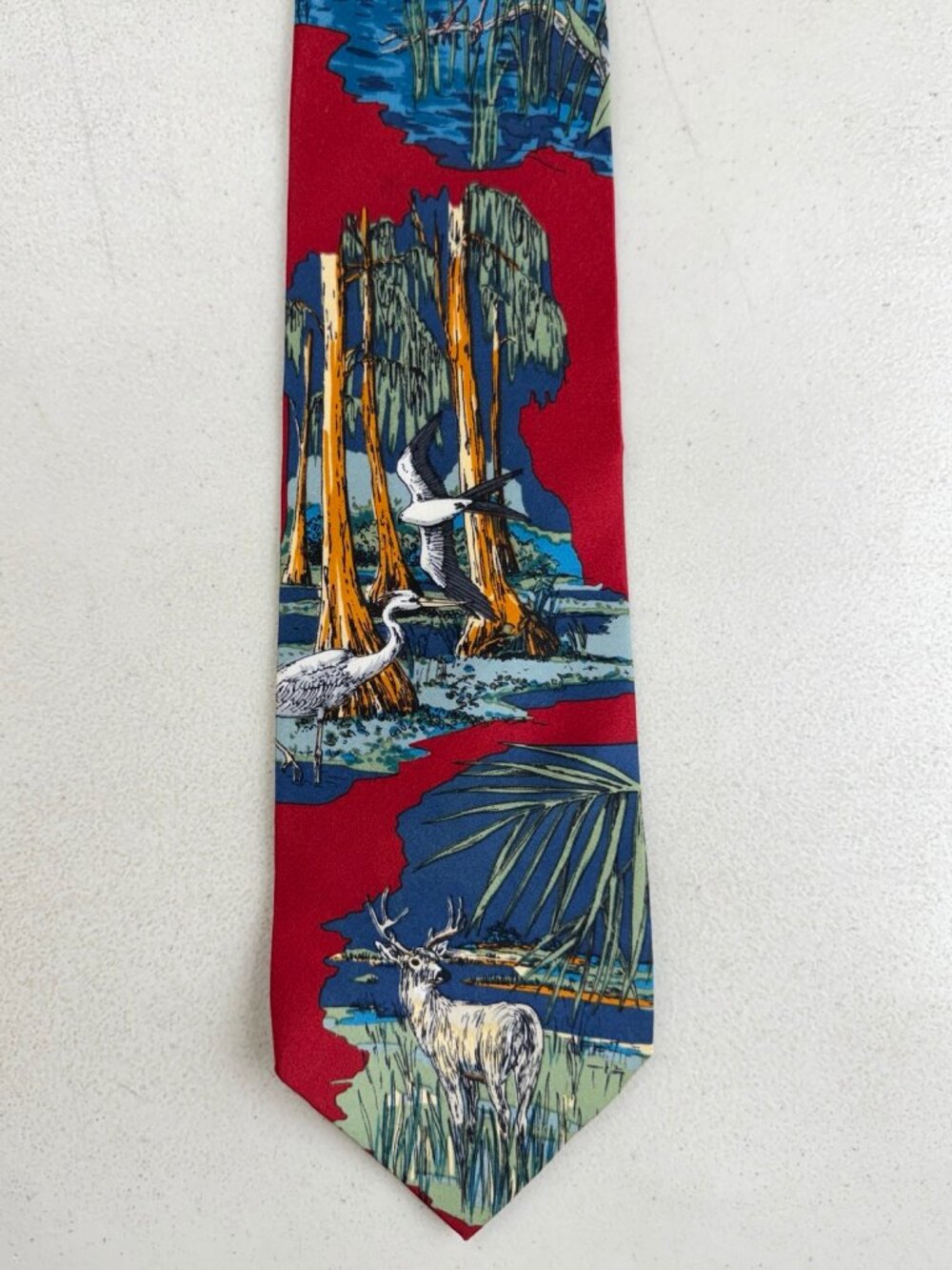 Vintage Everglades Wildlife Silk Tie 90s Stag Crane/Heron Bird Marsh Wetlands
